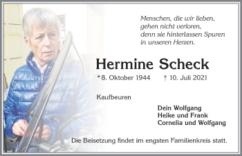 Traueranzeige von Hermine Scheck von Allgäuer Zeitung, Kaufbeuren/Buchloe