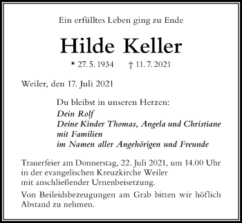 Traueranzeige von Hilde Keller von Der Westallgäuer