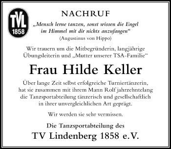 Traueranzeige von Hilde Keller von Der Westallgäuer
