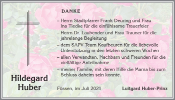Traueranzeige von Hildegard Huber von Allgäuer Zeitung, Füssen