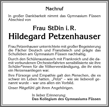 Traueranzeige von Hildegard Petzenhauser von Allgäuer Zeitung, Füssen