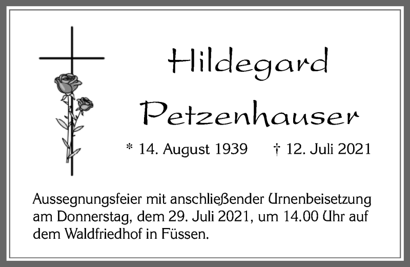  Traueranzeige für Hildegard Petzenhauser vom 24.07.2021 aus Allgäuer Zeitung, Füssen