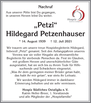 Traueranzeige von Hildegard Petzenhauser von Allgäuer Zeitung, Füssen