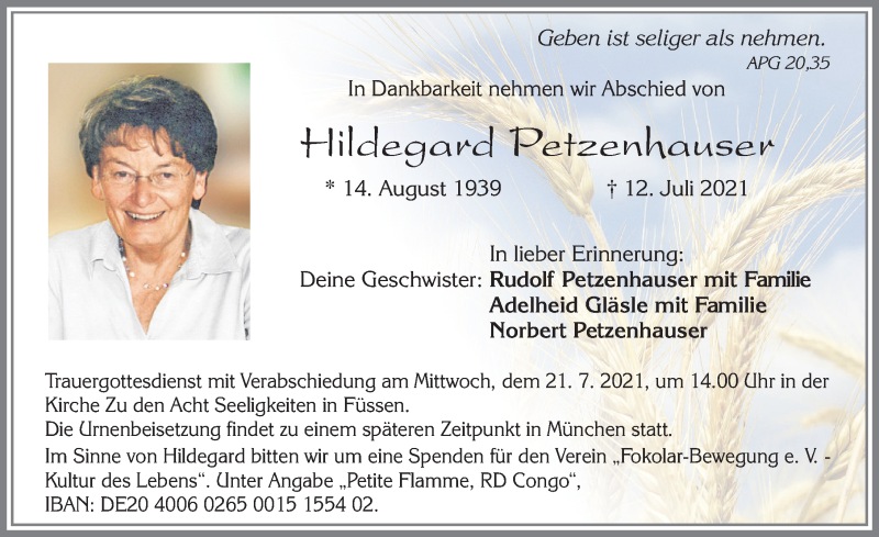  Traueranzeige für Hildegard Petzenhauser vom 17.07.2021 aus Allgäuer Zeitung, Füssen