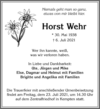 Traueranzeige von Horst Wehr von Allgäuer Anzeigeblatt