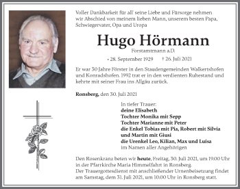 Traueranzeige von Hugo Hörmann von Allgäuer Zeitung