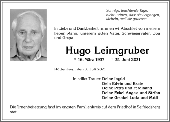 Traueranzeige von Hugo Leimgruber von Allgäuer Anzeigeblatt