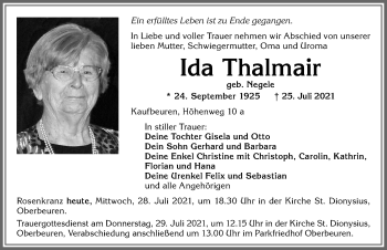 Traueranzeige von Ida Thalmair von Allgäuer Zeitung, Kaufbeuren/Buchloe
