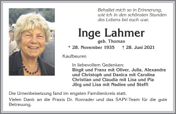 Traueranzeige von Inge Lahmer von Allgäuer Zeitung, Kaufbeuren/Buchloe