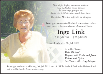 Traueranzeige von Inge Link von Der Westallgäuer