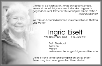 Traueranzeige von Ingrid Eiselt von Allgäuer Zeitung, Kaufbeuren/Buchloe