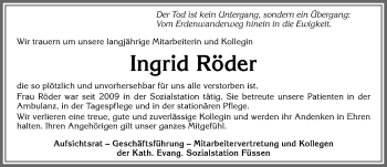 Traueranzeige von Ingrid Röder von Allgäuer Zeitung, Füssen