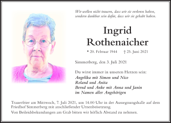 Traueranzeige von Ingrid Rothenaicher von Der Westallgäuer