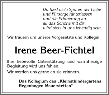 Traueranzeige von Irene Beer-Fichtel von Allgäuer Zeitung, Kaufbeuren/Buchloe