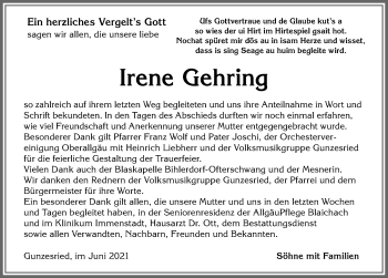 Traueranzeige von Irene Gehring von Allgäuer Anzeigeblatt