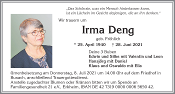 Traueranzeige von Irma Deng von Memminger Zeitung