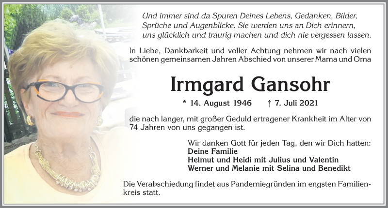  Traueranzeige für Irmgard Gansohr vom 17.07.2021 aus Allgäuer Zeitung, Kaufbeuren/Buchloe