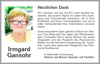 Traueranzeige von Irmgard Gansohr von Allgäuer Zeitung, Kaufbeuren/Buchloe
