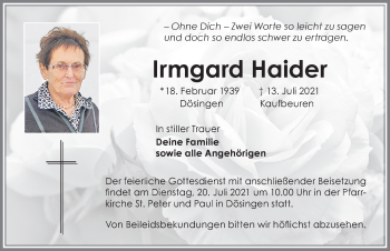 Traueranzeige von Irmgard Haider von Allgäuer Zeitung, Kaufbeuren/Buchloe