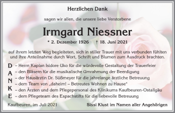 Traueranzeige von Irmgard Niessner von Allgäuer Zeitung, Kaufbeuren/Buchloe