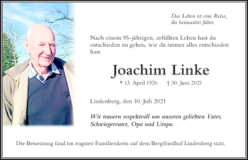 Traueranzeige von Joachim Linke von Der Westallgäuer