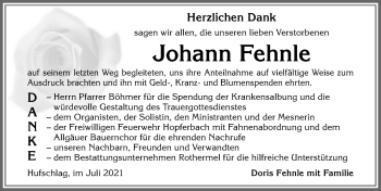 Traueranzeige von Johann Fehnle von Allgäuer Zeitung,Kempten