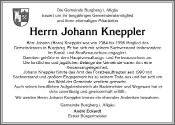 Traueranzeige von Johann Kneppler von Allgäuer Anzeigeblatt