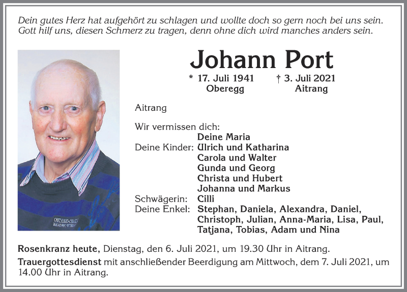  Traueranzeige für Johann Port vom 06.07.2021 aus Allgäuer Zeitung, Marktoberdorf