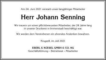 Traueranzeige von Johann Senning von Allgäuer Anzeigeblatt