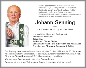 Traueranzeige von Johann Senning von Allgäuer Zeitung