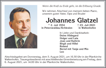 Traueranzeige von Johannes Glatzel von Allgäuer Zeitung,Kempten
