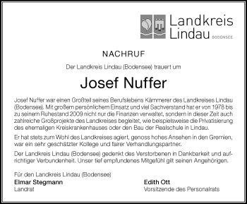 Traueranzeige von Josef Nuffer von Der Westallgäuer