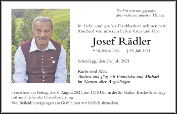 Traueranzeige von Josef Rädler von Der Westallgäuer