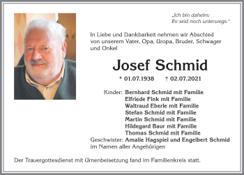 Traueranzeige von Josef Schmid von Allgäuer Anzeigeblatt