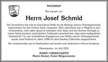 Traueranzeige von Josef Schmid von Allgäuer Anzeigeblatt