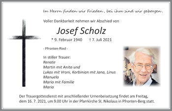 Traueranzeige von Josef Scholz von Allgäuer Zeitung, Füssen