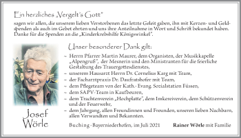 Traueranzeige von Josef Wörle von Allgäuer Zeitung, Füssen