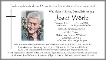 Traueranzeige von Josef Wörle von Allgäuer Zeitung, Füssen