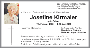 Traueranzeige von Josefine Kirmaier von Memminger Zeitung