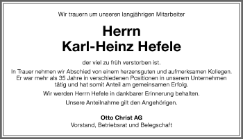 Traueranzeige von Karl-Heinz Hefele von Memminger Zeitung