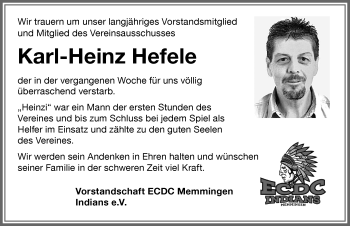 Traueranzeige von Karl-Heinz Hefele von Memminger Zeitung