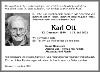 Traueranzeige von Karl Ott von Allgäuer Zeitung, Marktoberdorf