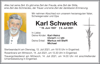 Traueranzeige von Karl Schwenk von Memminger Zeitung