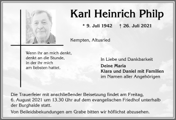 Traueranzeige von Karl Heinrich Philp von Allgäuer Zeitung,Kempten
