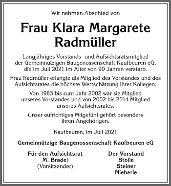 Traueranzeige von Klara Margarete Radmüller von Allgäuer Zeitung, Kaufbeuren/Buchloe