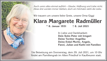 Traueranzeige von Klara Margarete Radmüller von Allgäuer Zeitung, Kaufbeuren/Buchloe