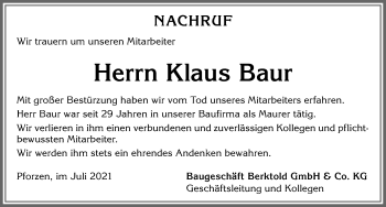 Traueranzeige von Klaus Baur von Allgäuer Zeitung, Kaufbeuren/Buchloe