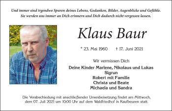 Traueranzeige von Klaus Baur von Allgäuer Zeitung, Kaufbeuren/Buchloe