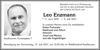 Traueranzeige von Leo Enzmann von Allgäuer Zeitung, Kaufbeuren/Buchloe