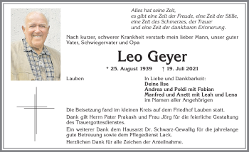 Traueranzeige von Leo Geyer von Allgäuer Zeitung,Kempten
